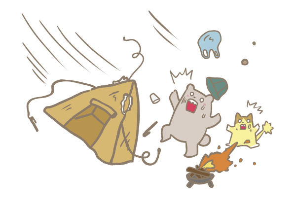 強風でテントが揺れ、雨が横殴りに降る様子